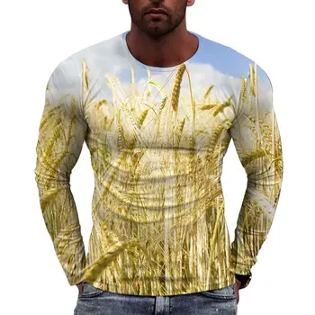 Nový Európsky Zlatý Pšeničný Vlny Obrázok Mužov s dlhým rukávom T-shirt Bežné Tlačené Tees Hip-hop Osobnosti Kolo Krku Topy